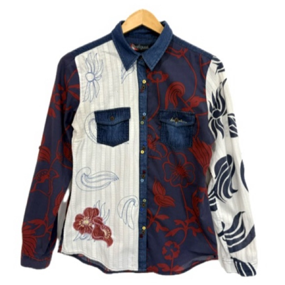 Desigual Patchwork Floral Embroidered Button Down Denim Shirt Womens Size M